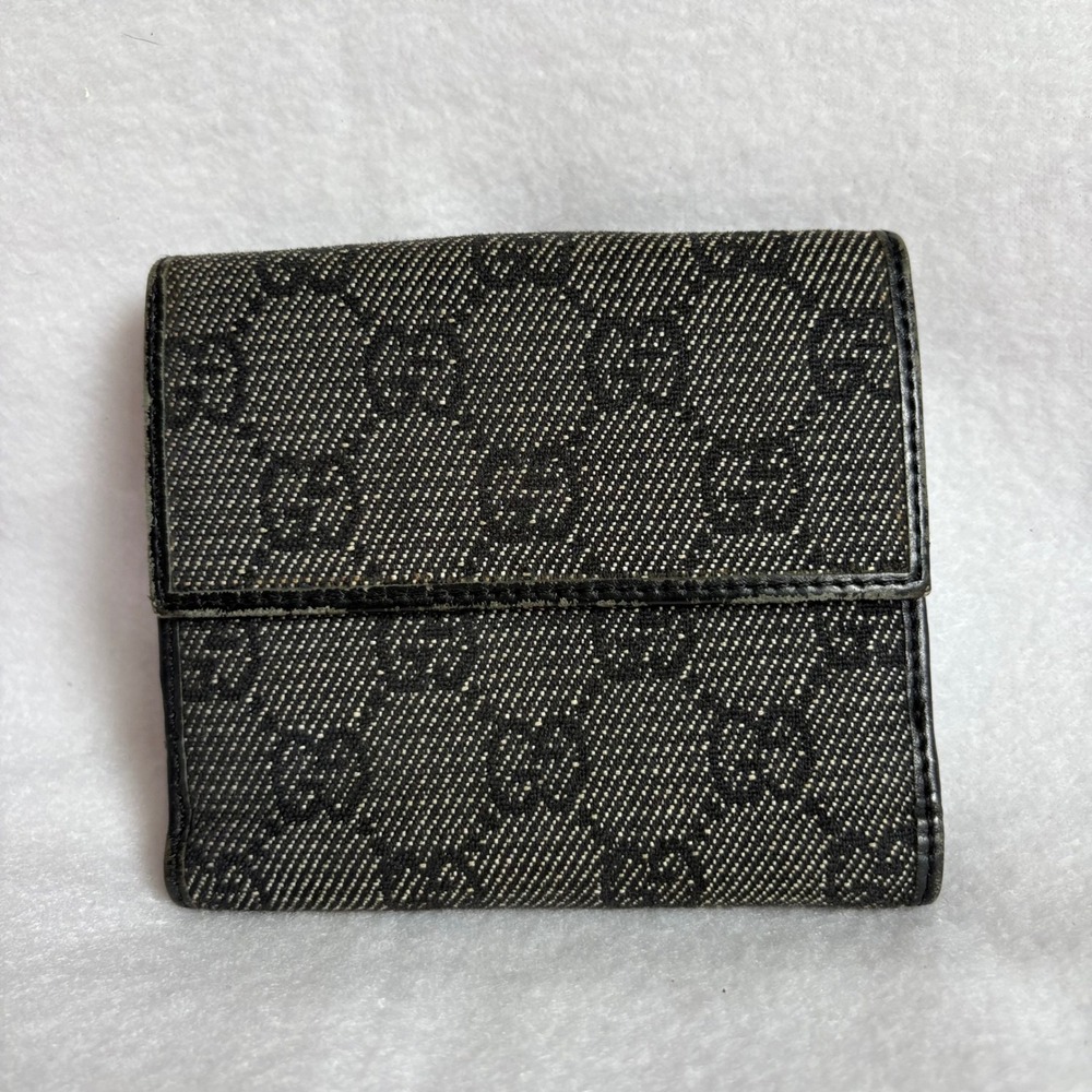 Gucci Bifold Wallet Black GG Monogram Canvas Horsebit Hardware Vintage